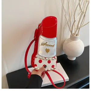 Creative lipstick shaped crossbody bag with pearls and sweet embroidery, stylish red pu leather.