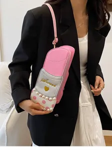 Trendy novelty lipstick shaped crossbody shoulder bag for women with pearl and polka dots