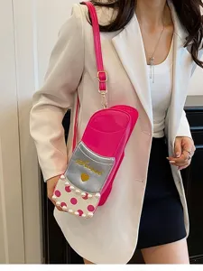 Creative lipstick crossbody bag for women, fashion PU leather shoulder bag with pearls.