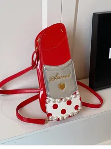 Creative lipstick shape crossbody bag with pearls and sweet embroidery for stylish women.