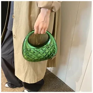 Glossy green acrylic quilted box bag detail, stylish round handle design for women evening party.