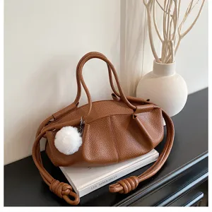 Brown nappa leather handbag dumpling cloud bag with top handles and knotted strap for women