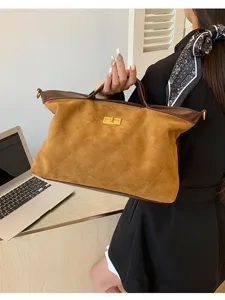 Retro Suede Quilted Tote Bag Large Capacity Casual Shoulder Bag for Women Office Daily