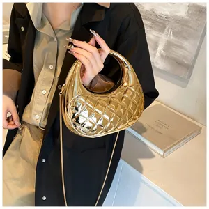 Gold metallic quilted acrylic hard case handbag with chain strap for women evening party.