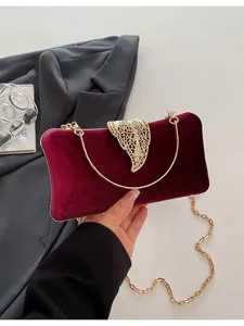 Women Velvet Evening Bag Metallic Chain Crossbody Bag Hollow Out Leaf Lock Clutch Elegant Party Shoulder Handbag
