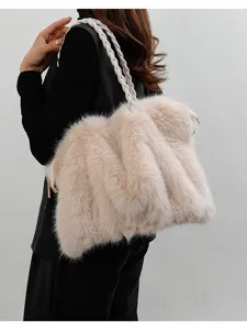 Chic faux fox fur shoulder bag with pleated design, large fluffy tote bag for daily wear.