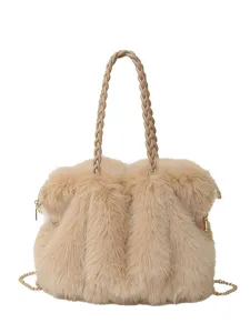 Khaki faux fur shoulder bag for women, soft plush tote with braided handle and chain strap.