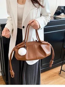 Women Fashion Handbag Nappa PU Leather Dumpling Bag Drawstring Cloud Bag Pleated Casual Tote Bag with Plush Ball Pendant