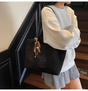 Schwarze Damen Umhängetasche aus Wildleder große Kapazität Retro Shopper Tasche Handtasche