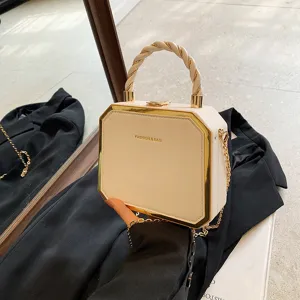 Women PU Leather Top Handle Crossbody Bag Fashion Geometric Box Bag Elegant Chain Shoulder Bag Daily Chic Handbag