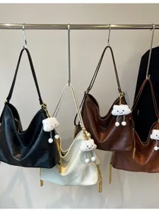 Casual soft leather hobo shoulder bag, stylish dumpling crossbody bag with cute cloud pendant.