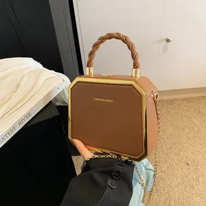 Stylish brown box crossbody bag with twisted handle and gold chain strap for women.