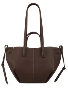 Brown minimalist leather tote bag with double handles and stylish side knot details main view