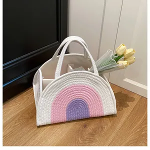Panier organisateur de couches pour bébé en corde de coton arc-en-ciel, rangement idéal chambre.