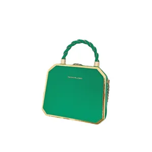 Green box handbag for women, featuring a trendy twisted handle and metal chain for daily fashion.