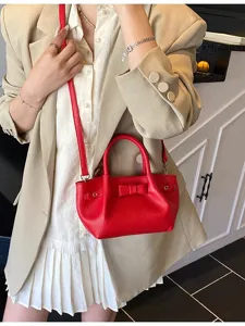 Women Fashion Casual PU Leather Bucket Bag Solid Color Bowknot Handbag Chic Single Shoulder Crossbody Bag Daily Commute