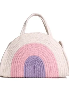 Panier à couches pour bébé en corde de coton tissé avec joli design arc-en-ciel.