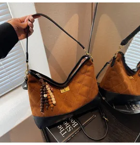 Borsa a tracolla trapuntata in camoscio marrone retro donna vintage catena sotto l'ascella hobo borsa