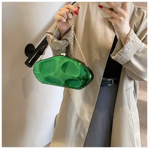 Green acrylic crater clutch bag with gold chain strap, stylish evening shoulder bag for women.