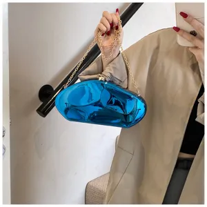 Women's blue mirror acrylic clutch bag with gold chain strap fashion unique irregular evening handbag for party