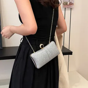 Silver rhinestone evening bag with chain strap, elegant clutch for party and wedding.