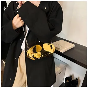 Gold acrylic crater evening bag with metal chain strap for women, stylish chic party clutch.