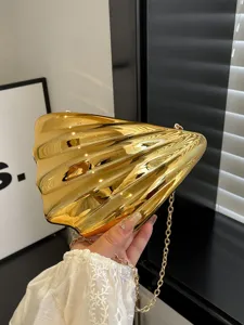 Stunning gold metallic shell clutch bag with chain strap, stylish niche design evening bag.