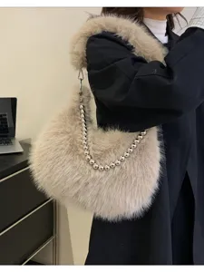 Faux Fox Fur Underarm Bag Plush Shoulder Handbag Fluffy Winter Tote Bag With Pearl Chain For Women