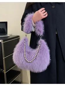 Stylish purple fluffy faux fur shoulder bag with chic pearl chain for women winter fashion
