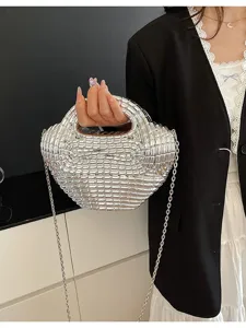 Silver metallic woven dumpling bag for women, stylish acrylic shoulder crossbody bag.