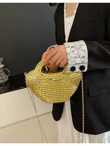 Fashionable gold acrylic dumpling bag for women, glossy woven shoulder crossbody bag.
