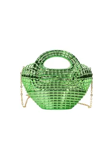 Glossy green acrylic shoulder bag with gold chain strap, stylish metallic crossbody handbag.
