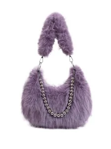 Fluffy plush shoulder bag for women, purple faux fur hobo bag with stylish metal bead chain.
