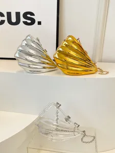 Clear acrylic shell clutch bag detail, stylish metallic chain shoulder bag showcase view