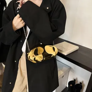 Stylish gold metallic crater acrylic evening clutch bag with chain strap for women fashion party.