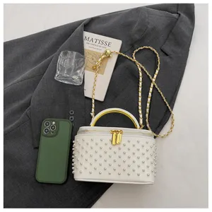 Chic white pearl vanity handbag with gold chain strap, stylish top handle cross-body bag.