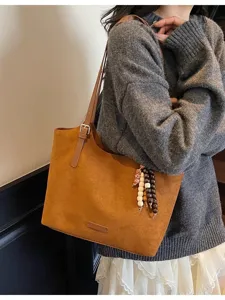 Große Kapazität Vintage Tote Bag Für Frauen Lässige Pendler Umhängetasche Einfache Weiche Samt Handtasche Mit Anhänger