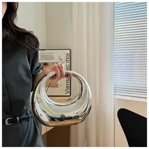 Bolso cruzado de media luna metálico plateado moda acrílico axila bolso mujer chic