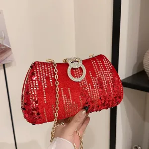 Women Sequin Evening Bag Rhinestone Ring Lock Clutch Purse Sparkly Glitter Party Crossbody Chain Shoulder Bag