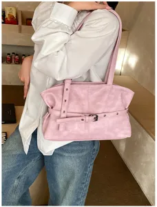 Elegante borsa a spalla rosa per donna, borsa ascellare in PU con cintura e dettagli metallici.