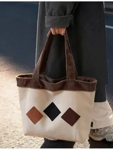 Japanese casual canvas tote bag for women, large capacity shoulder bag with patch design.