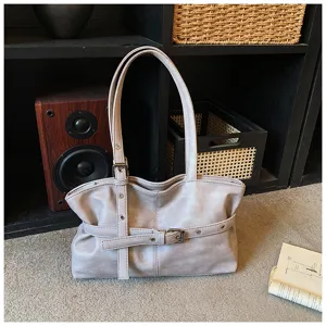 Borsa a tracolla elegante in pelle PU grigio chiaro con fibbia, capiente borsa shopper.