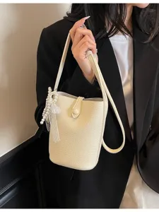 Mode Coréenne Femmes Sac Bandoulière Cuir PU Couleur Unie Sac Seau Avec Nœud en Perles Sac Quotidien
