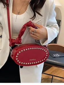 Women PU Leather Crossbody Bag Chic Heart Shaped Shoulder Bag With Metal Rivets Cloud Pleated Handle Underarm Bag