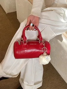Women Boston Bag PU Leather Fashion Casual Handbag Solid Color Crossbody Bag Cute Plush Pendant Commute Shoulder Bag