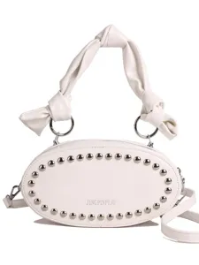 White ovoid studded shoulder bag with knotted handle for women stylish daily crossbody handbag