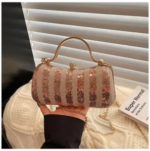 Sequined evening clutch bag with metal handle and chain strap for women party detail view.