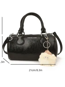Black Boston handbag stylish crossbody bag with cute plush keychain and top handles 21cm