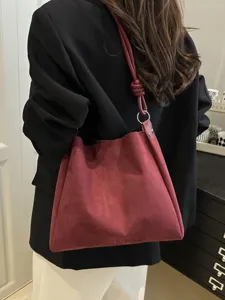 Wine red suede hobo shoulder bag minimalist large capacity casual tote handbag for daily commute