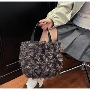 Fall winter cute fluffy faux fur tote bag soft grey plush handbag with black handles for women.